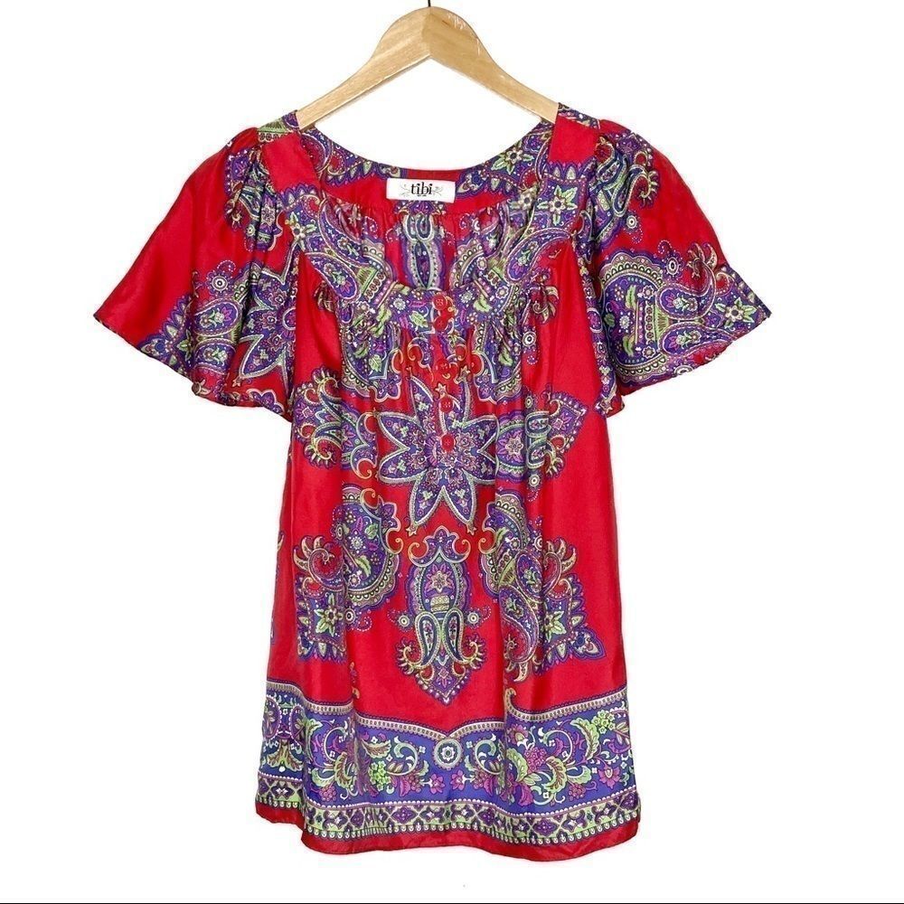 TIBI | Pattern Silk Ruffle Sleeve Blouse